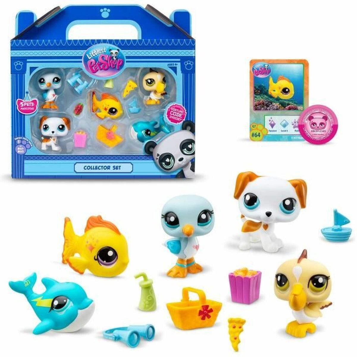 Colorful Littlest Pet Shop Beach Besties 5 Figure Collector Set featuring a panda, dog, bird, and fish, with accessories like a boat, bucket, and popcorn in a blue carrying case.
