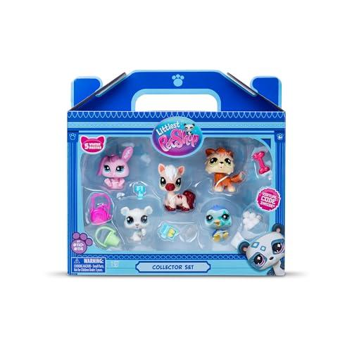 Five colorful Littlest Pet Shop figures in a blue packaging, featuring a pink bunny, a brown and white dog, a fox, a white bear, and accessories like a bone and a snowflake.