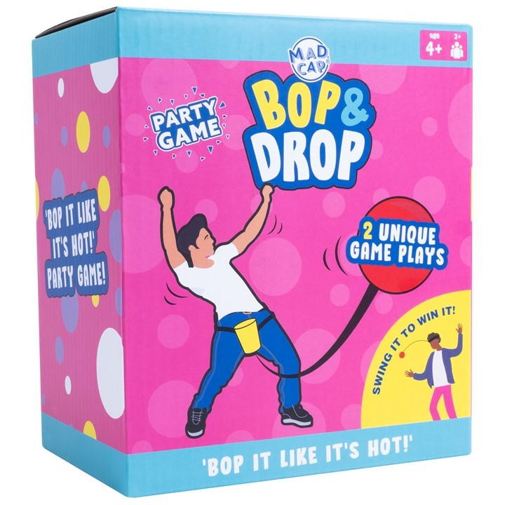 Colorful game box featuring the title "Bop and Drop" in bold blue letters, with playful illustrations of a person swinging a ball, set against a vibrant pink background with colorful dots.