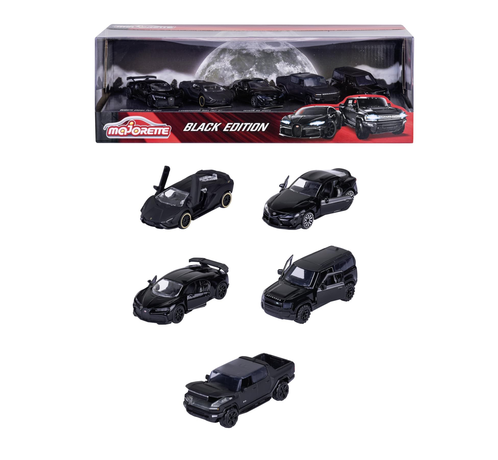 Five black die-cast vehicles in a sleek packaging, featuring a sports car, SUV, and pickup truck, showcasing detailed designs and a glossy finish.