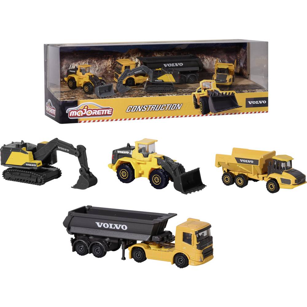 Five miniature construction vehicles in yellow and black, including a dump truck, excavator, loader, and more, packaged in a Volvo-branded box with a detailed backdrop.