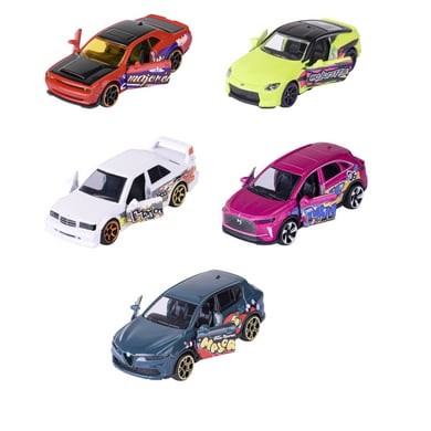 Set of five colorful die-cast toy vehicles, featuring two exclusive models, with vibrant designs including a black and red sports car, a white sedan, and a pink SUV.