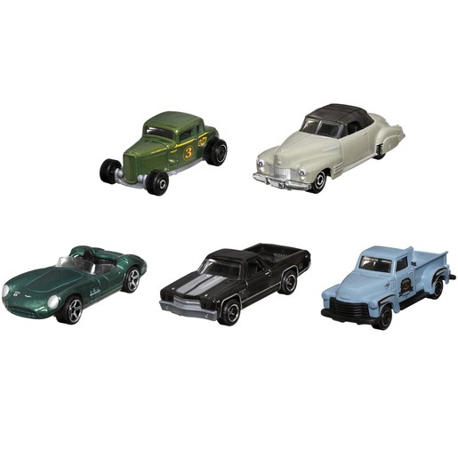 Five miniature vehicles in various colors: a green vintage car, a black convertible, a cream classic car, a dark pickup truck, and a light blue truck, all with detailed designs.