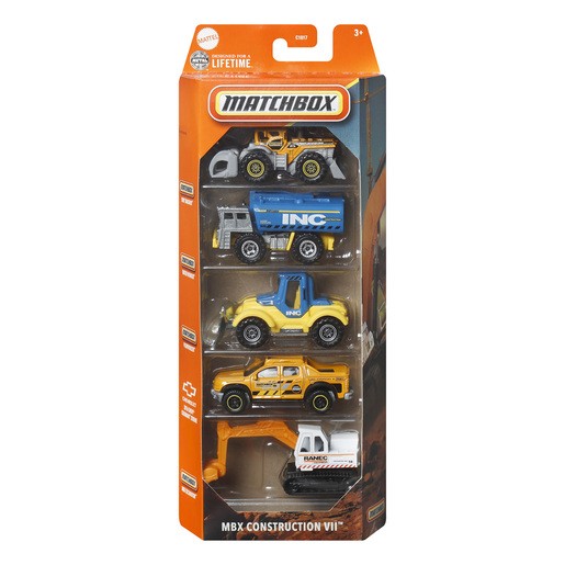 Five colorful diecast construction vehicles in a display box, featuring a yellow bulldozer, blue dump truck, yellow pickup, and orange excavator, all with detailed designs.
