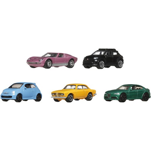 Five miniature vehicles in vibrant colors: a pink sports car, a black SUV, a blue compact car, a yellow classic sedan, and a green luxury car, all made of die-cast metal.