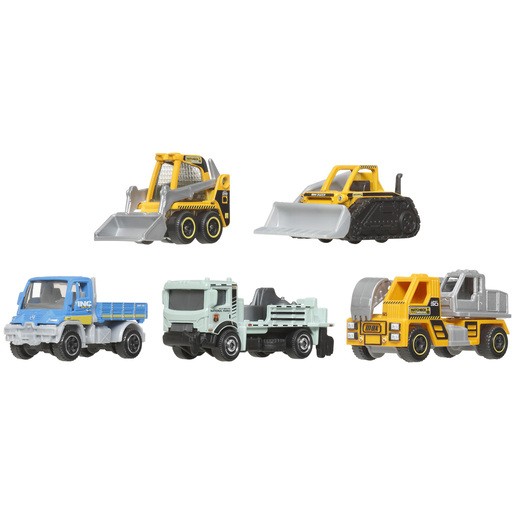Five miniature construction vehicles in various colors: a blue truck, a yellow bulldozer, a black tracked loader, a gray dump truck, and a yellow cement mixer, all with detailed features.