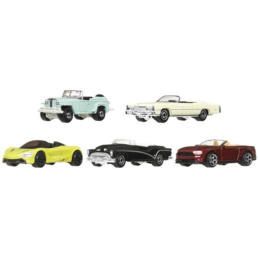 Five miniature die-cast convertible vehicles in various colors: a light blue jeep, a black classic car, a cream convertible, a yellow sports car, and a red sleek coupe.