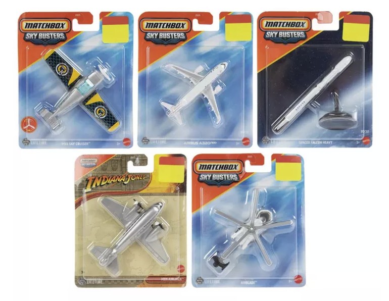 Five Matchbox Sky Busters toy airplanes in assorted styles, featuring a yellow and black biplane, a silver jet, and a sleek space shuttle, all in colorful packaging.