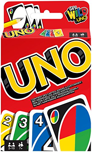 Colorful Uno card game box featuring bold yellow "UNO" text, with visible cards displaying numbers and colors, designed for 2 to 10 players.
