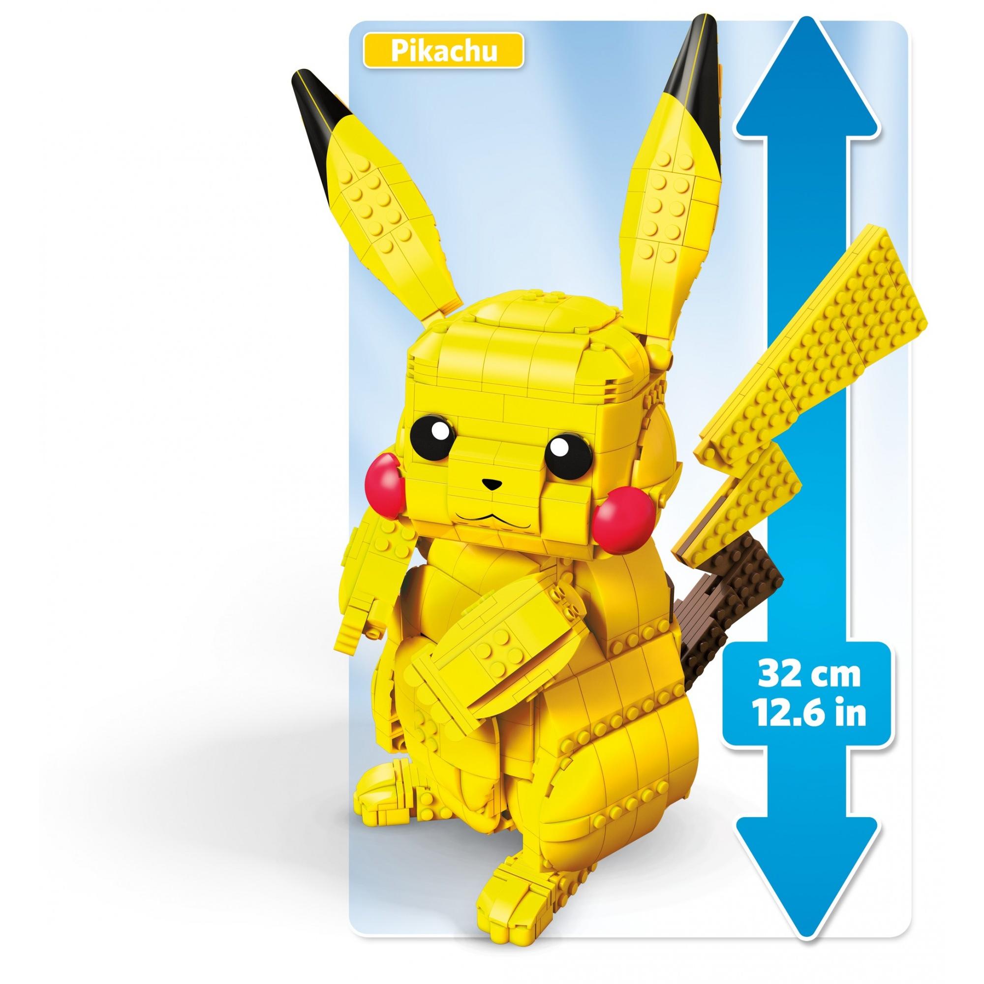 Bright yellow Pikachu figure made of plastic bricks, featuring large ears, red cheeks, and a lightning bolt tail, standing 32 cm tall.