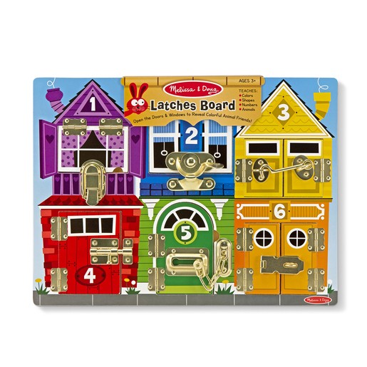 Colorful wooden latches board featuring six doors in vibrant hues (red, blue, yellow, green) with metal latches, numbered 1 to 6, and playful animal graphics.