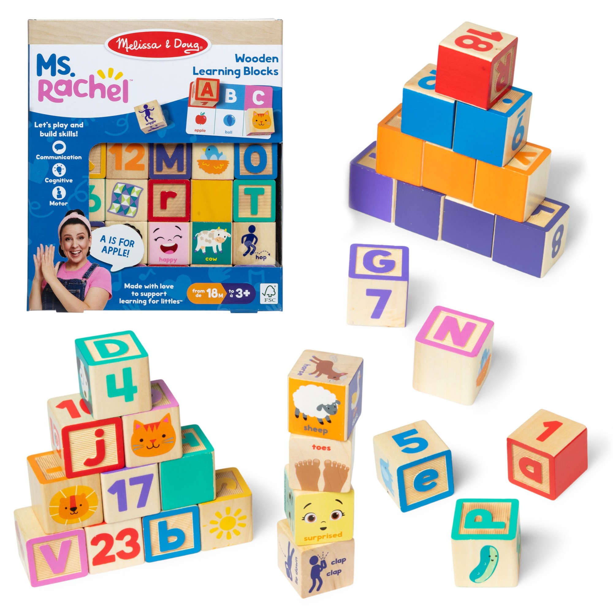 Colorful wooden learning blocks featuring letters, numbers, and playful illustrations, accompanied by activity cards, suitable for toddlers aged 18 months and older.