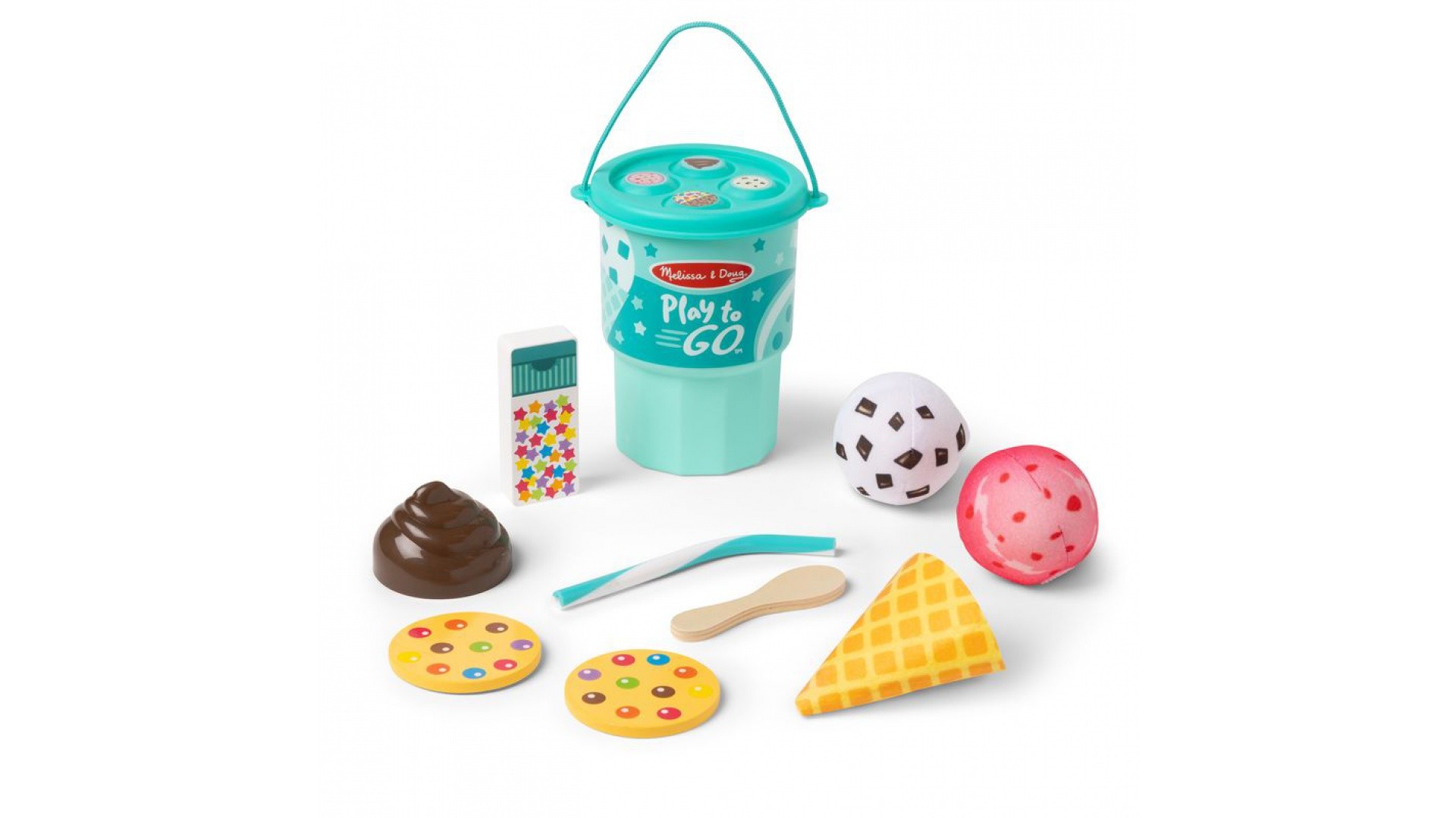 Colorful ice cream play set featuring a teal bucket, chocolate syrup, two scoops of ice cream, a waffle cone, cookies, a scoop tool, and colorful sprinkles.
