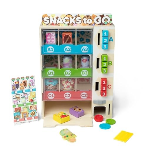 Wooden vending machine playset featuring colorful shelves with snacks, a variety of food items, and a menu card, designed for imaginative roleplay.