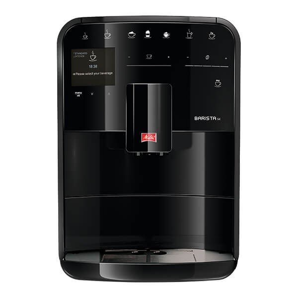 Sleek black Melitta Barista SE F830-003 coffee machine with a digital display, touch controls, and a central coffee spout for bean-to-cup brewing.