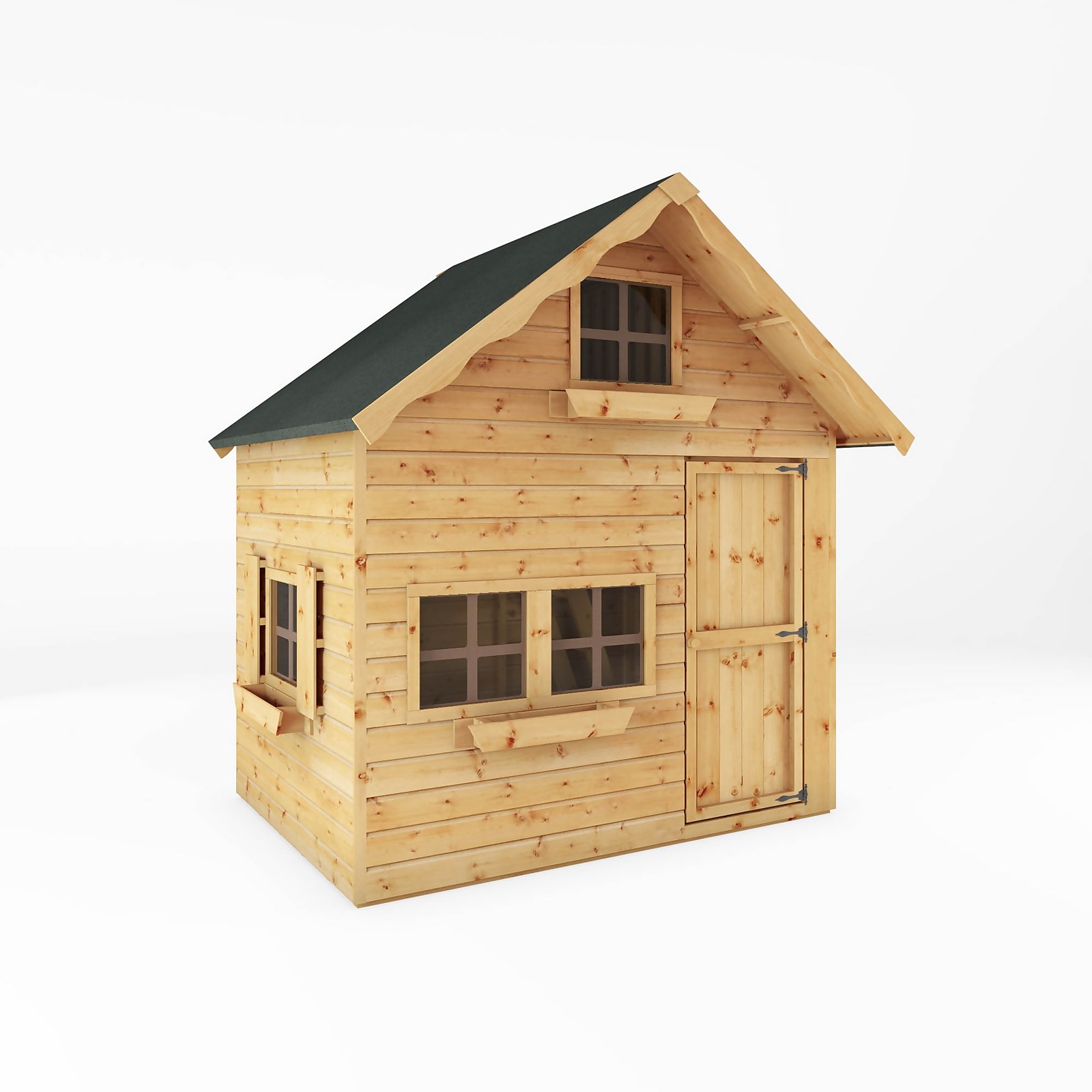 Brown wooden double storey Swiss cottage playhouse with a sloped green roof, large windows, and a front door, featuring a charming rustic design.