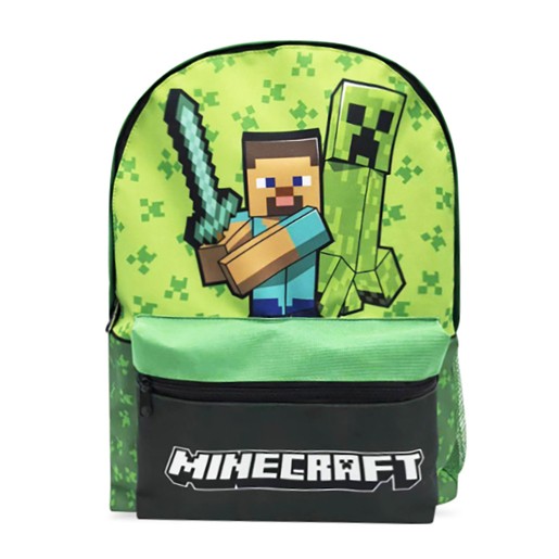 Green Minecraft backpack featuring a pixelated character holding a sword and a Creeper, with a black front pocket and "MINECRAFT" logo at the bottom.