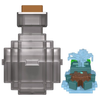 Clear potion bottle with a brown cap, accompanied by a colorful blocky potion brewing scene featuring blue and green elements, all in a pixelated Minecraft style.