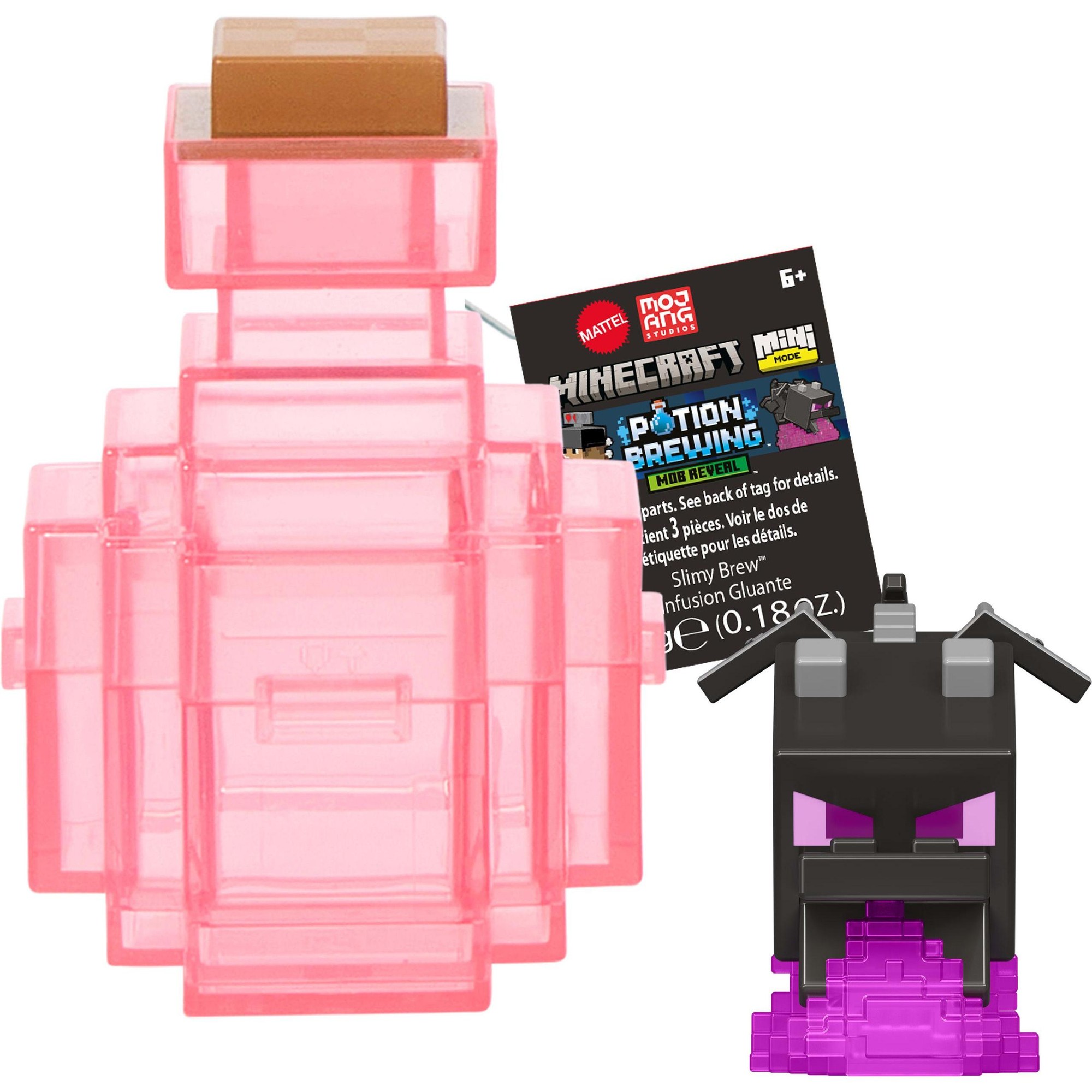 Pink translucent potion bottle with a brown lid alongside a black Ender Dragon figure featuring purple eyes and blocky design, part of the Minecraft Mini Mode series by Mattel.