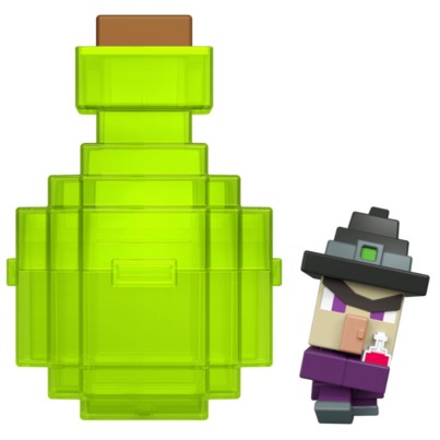 Bright green potion bottle with a square base and a brown cap, alongside a mini figure of a vengeful witch wearing a black hat and purple attire, holding a red potion.