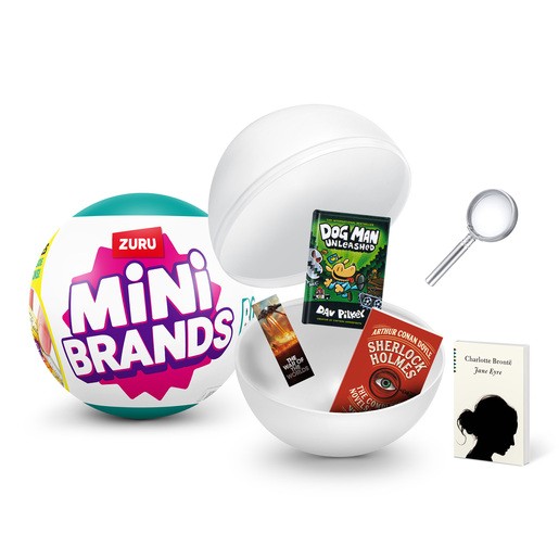 A colorful spherical capsule featuring the ZURU Mini Brands logo, opened to reveal miniature book items, including "Dog Man Unleashed," "Sherlock Holmes," and a magnifying glass.