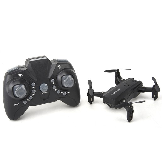 Compact black mini drone with four propellers beside a black remote control featuring multiple buttons and joysticks for operation.