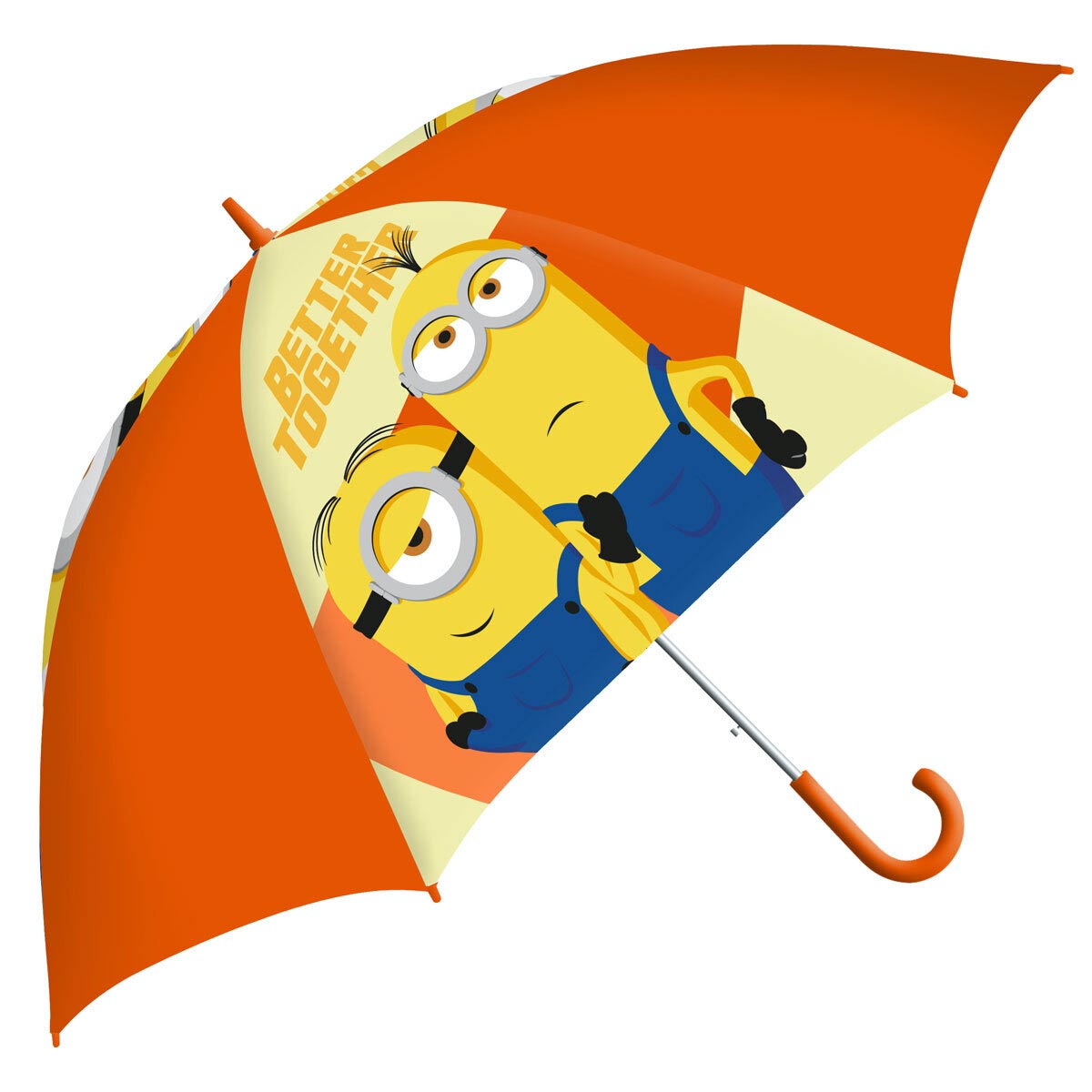 Bright orange umbrella featuring Minions characters in blue overalls, with the phrase "Better Together" printed on a yellow background. The handle is a curved orange hook.