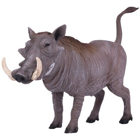 Realistic warthog toy with a textured brown body, prominent tusks, and detailed facial features, made from durable plastic, ideal for play or display.