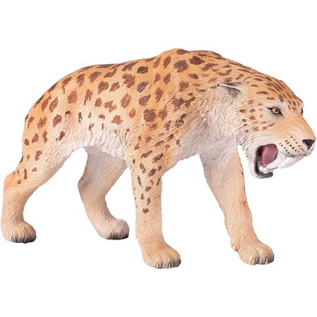 Realistic Smilodon toy figure in yellow and black with detailed fur texture, fierce expression, and a roaring pose, suitable for children aged 3 and above.