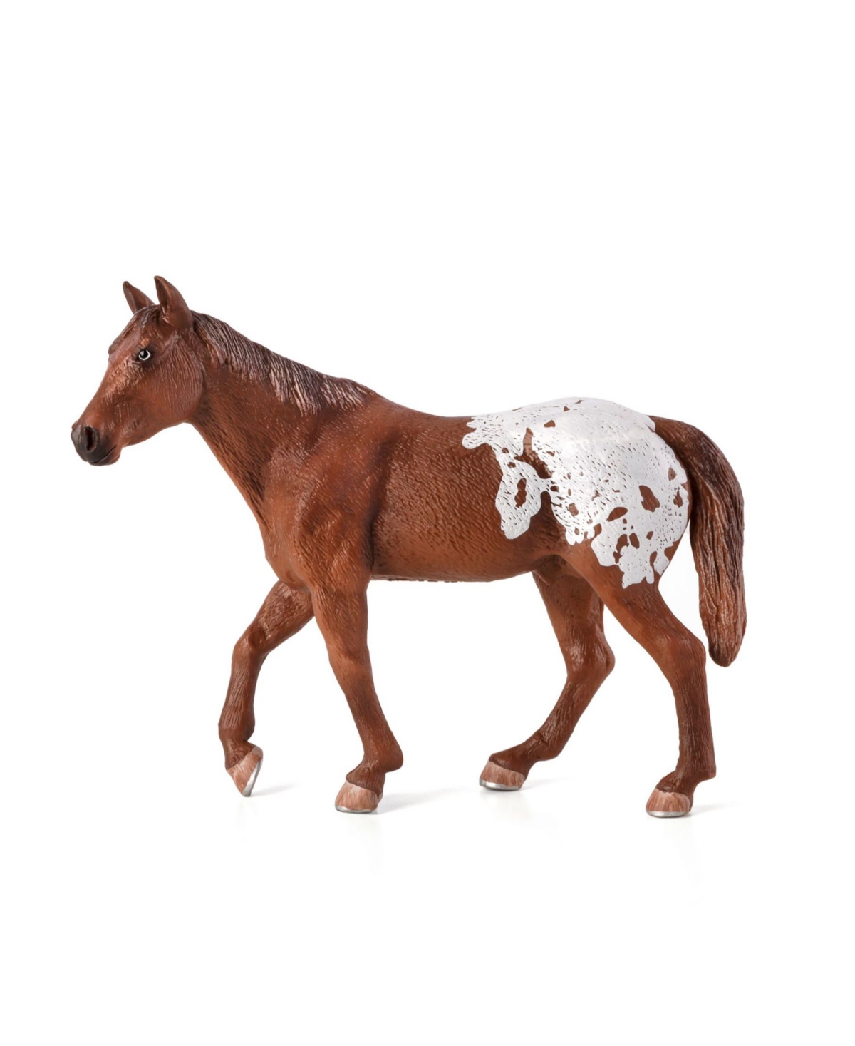 Realistic Appaloosa stallion figurine featuring a chestnut body with a white blanket pattern, crafted from durable plastic with detailed textures and lifelike features.