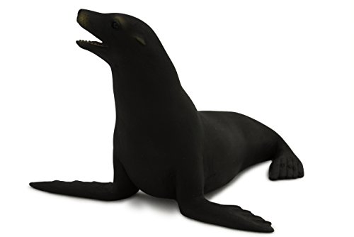 Realistic Californian sea lion figurine in a matte black finish, featuring a detailed face, open mouth, and outstretched flippers, crafted from durable material.