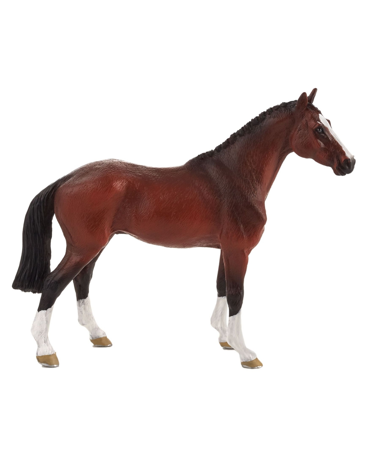Realistic Dutch Warmblood toy figurine in a glossy chestnut color, featuring a black mane, white markings on the face and legs, and detailed hooves, made from durable plastic.