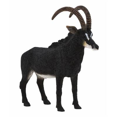 Realistic giant sable antelope figurine featuring a glossy black body, detailed fur texture, prominent curved horns, and white facial markings, made from durable plastic material.