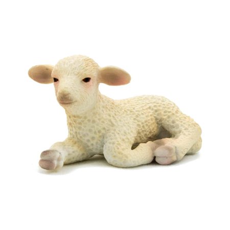Lifelike lying down lamb figurine in soft white with textured fleece, pink ears, and a gentle expression, made from durable plastic for play or display.