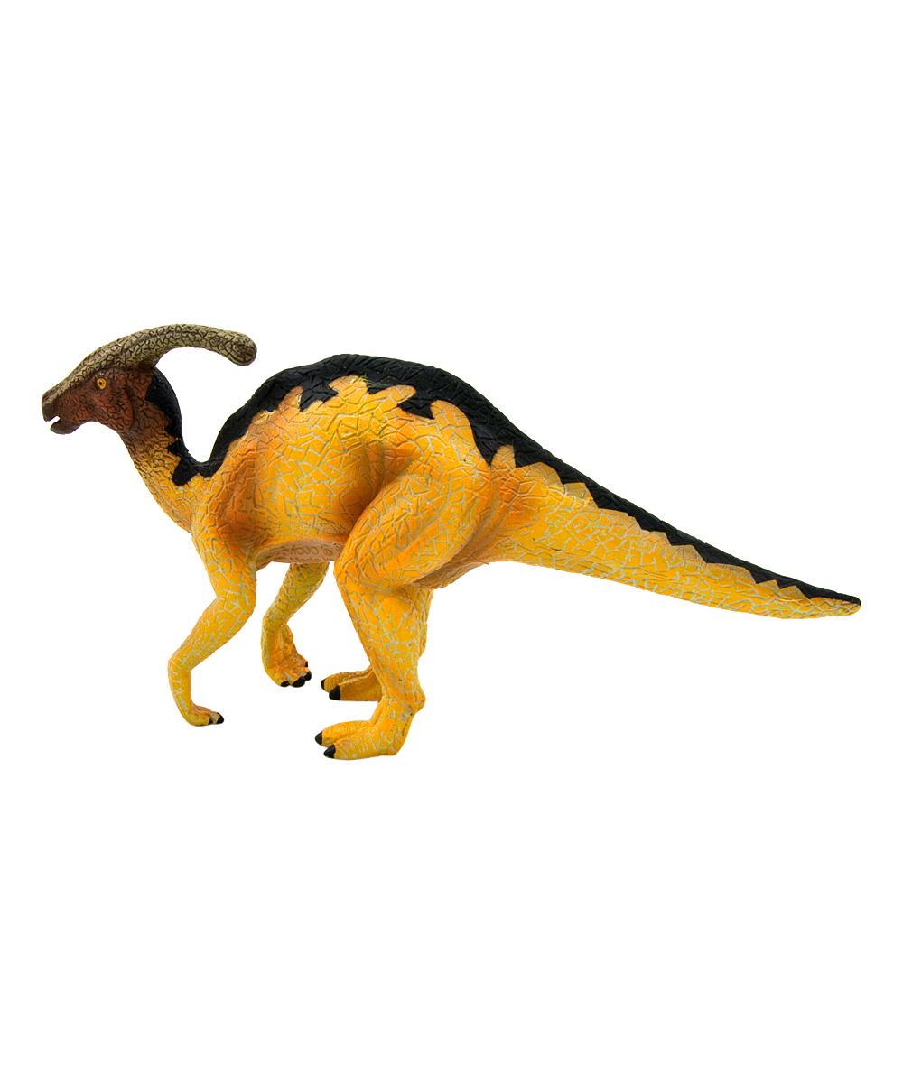 Realistic Parasaurolophus dinosaur toy in yellow and black, featuring textured skin, a prominent crest, and detailed limbs, made from durable plastic material.