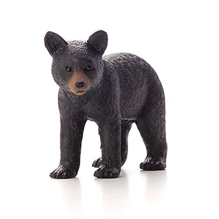 Realistic black bear cub figurine with textured fur, a brown snout, and a sturdy stance, made from durable plastic material.
