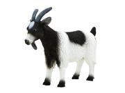 Realistic Billy Goat model toy featuring a black and white body, textured fur, prominent curved gray horns, and a detailed face, made of durable plastic for play or display.