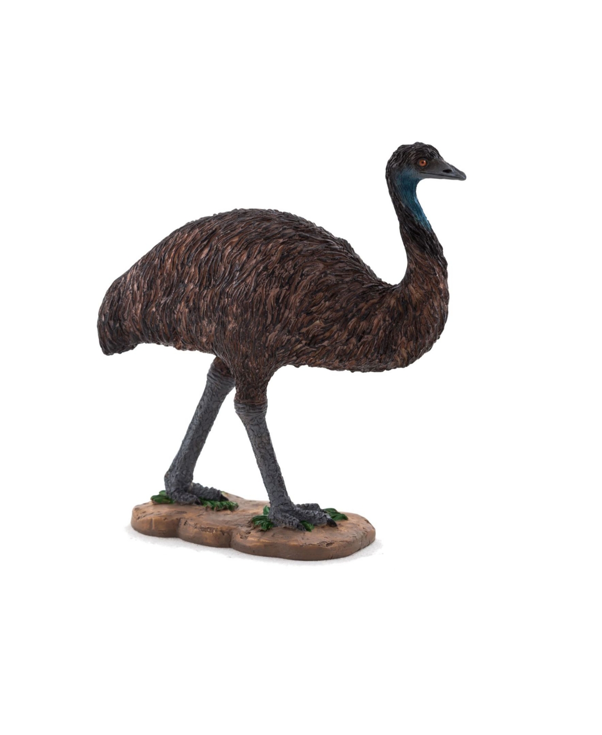 Realistic emu toy figure with textured brown feathers, a blue neck, and detailed features, standing on a small base with green grass accents.