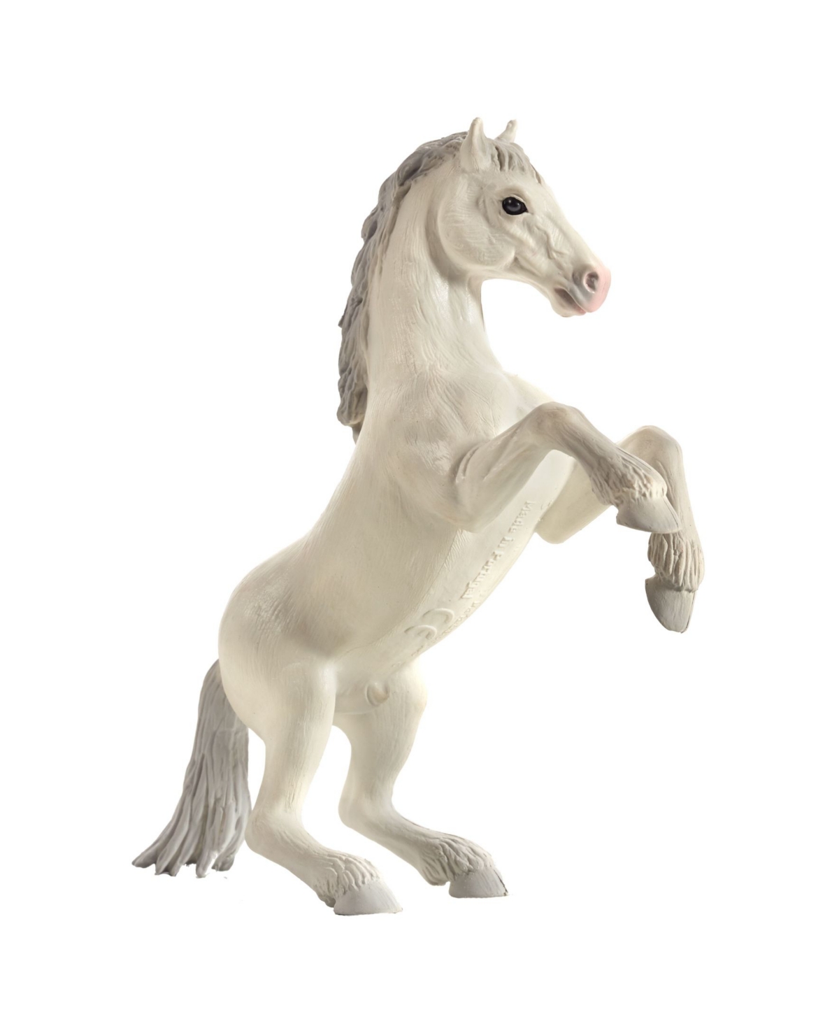 Realistic white mustang horse figurine rearing on its hind legs, featuring detailed mane and tail, crafted from durable plastic with a smooth finish.
