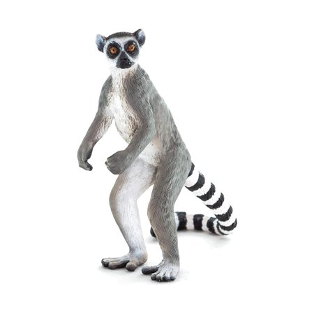 Realistic ringtail lemur figurine with gray fur, white underbelly, large orange eyes, and a striped black-and-white tail, standing in a playful pose.