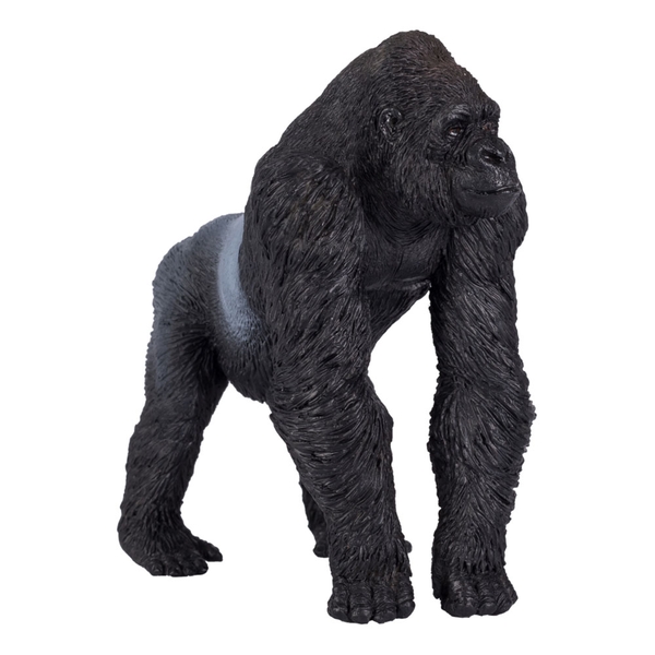 Realistic silverback gorilla toy in black and gray, featuring detailed textured fur, a muscular build, and a lifelike expression, made from durable plastic material.