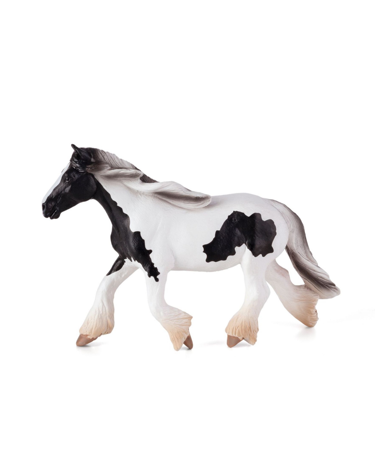 Realistic Tinker mare figurine with a glossy black and white coat, flowing mane, and detailed hooves, crafted from durable plastic for collectors and enthusiasts.