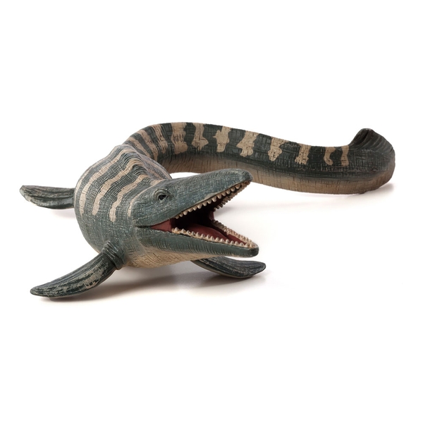Realistic Tylosaurus figurine in green and brown, featuring a long body, flippers, and an open mouth with sharp teeth, made of durable plastic with textured detailing.