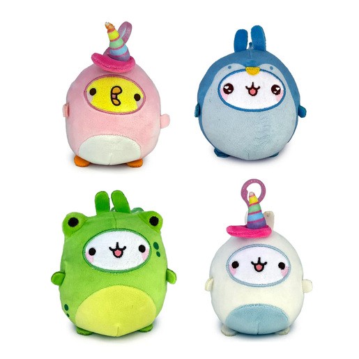 Four colorful Molang mini soft toy keyrings in pink, blue, green, and white, each with a cute face and a party hat, made of soft plush material. Styles may vary.