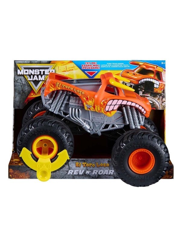 Bright orange and gray El Toro Loco monster truck with oversized black tires, featuring a fierce bull graphic and a pull-back mechanism, packaged in a colorful box.