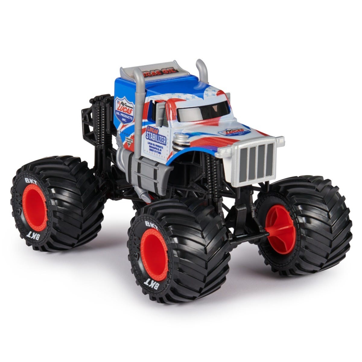 Blue and red 1:24 scale Monster Jam Lucas Stabilizer monster truck featuring large black tires, a detailed front grill, and vibrant graphics on the body.