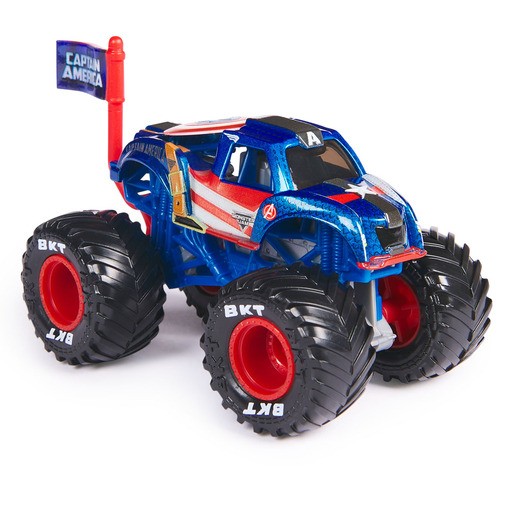Blue and red 1:64 scale monster truck with oversized black tires, featuring Captain America graphics and a small flag, made of durable plastic.