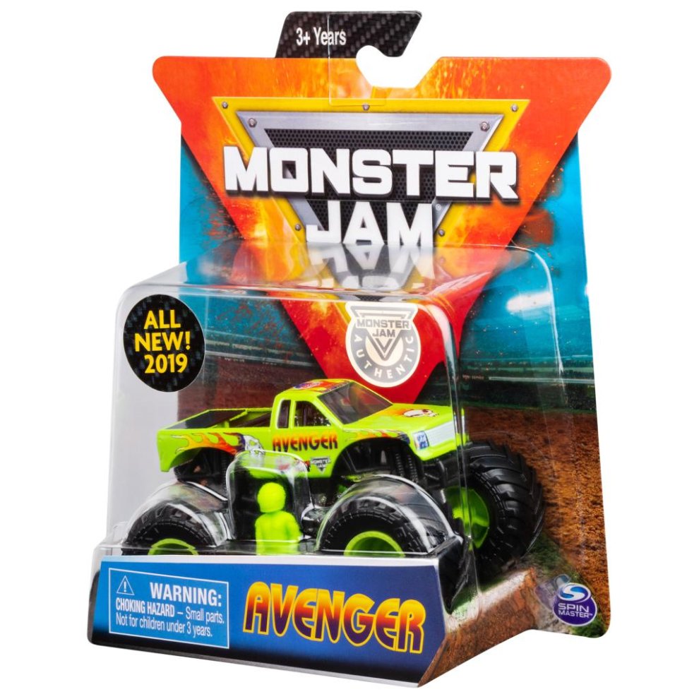 Bright green die-cast truck with oversized black tires, featuring a detailed design and "Avenger" branding, packaged in a colorful blister pack with a Monster Jam logo.
