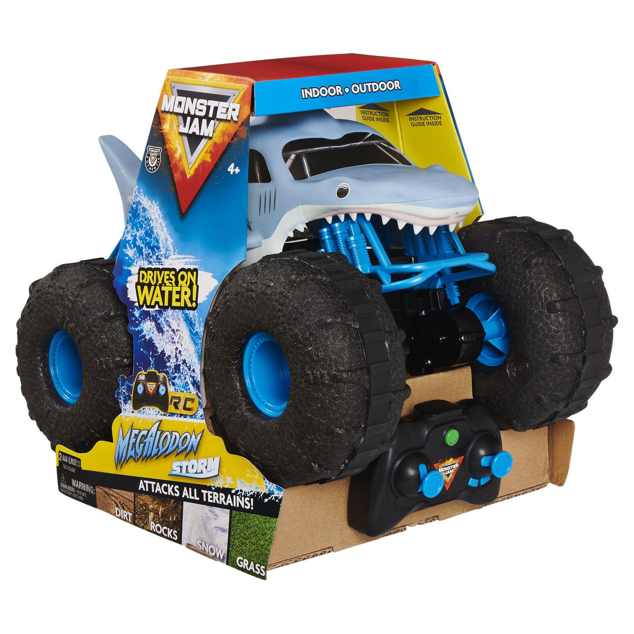 Remote control car styled like a shark, featuring a blue and white design with large black tires, packaged in a box with water-themed graphics and a controller for indoor and outdoor use.