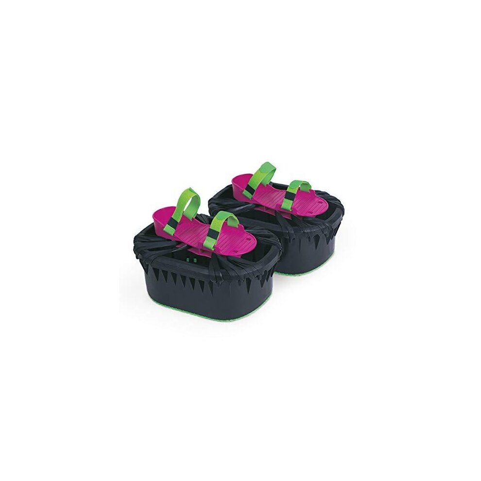 Moon Trampoline Shoes by Giftenza feature a black base with green and pink straps, designed for bouncing, with a textured sole for grip and a unique, playful style.